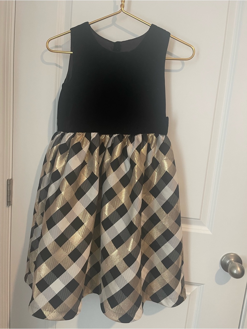 Girls' 10 Black and Gold Plaid Velvet top Midi Party Dress